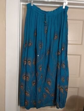 Peacock Print Teal Maxi Skirt with Elastic Waist